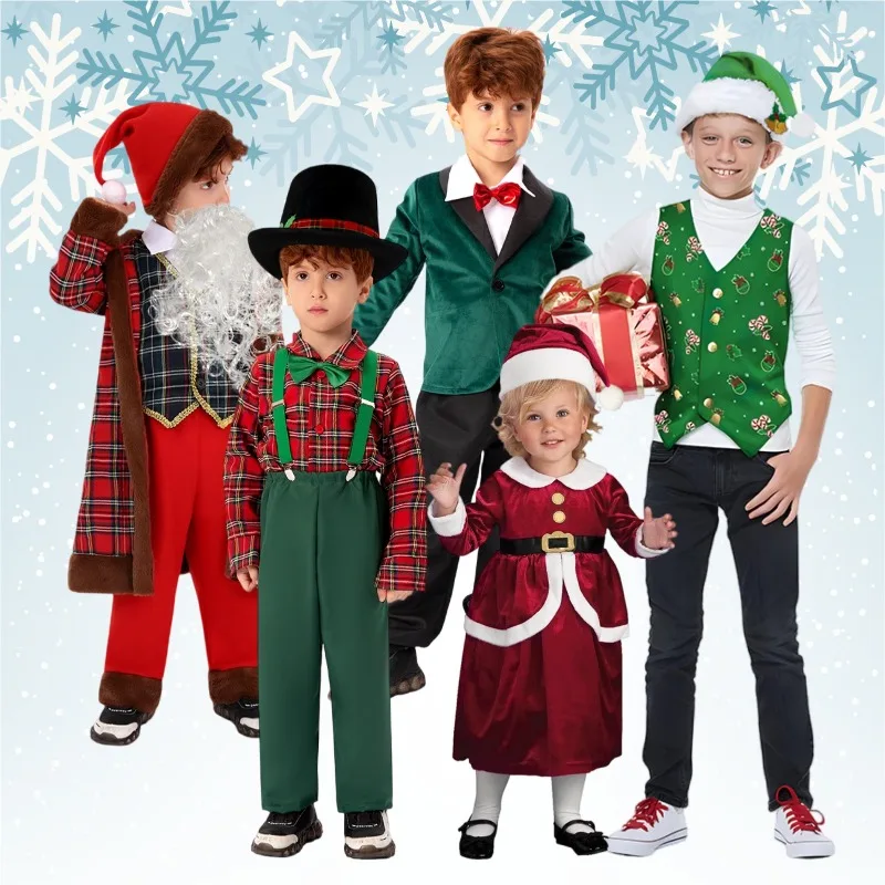 크리스마스 산타 드레스업 크리스마스 새해 코스프레 의상 체크무늬 산타클로스 역할놀이 드레스업 무대 공연 의상