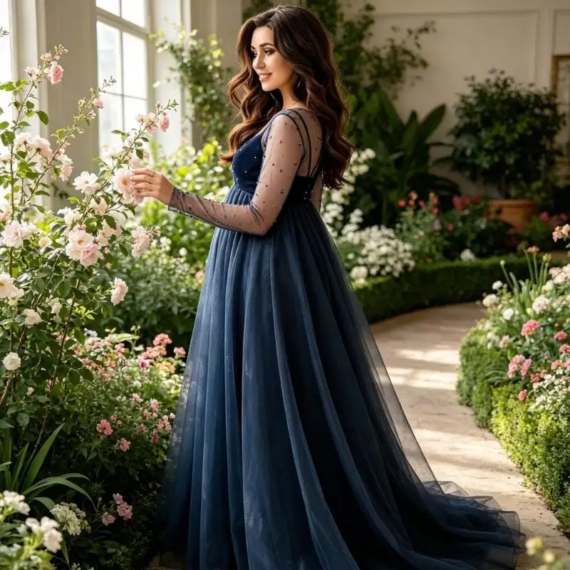 XXFE Fashionable Mesh Insert Maternity Dress In Acrylic Loose Fit Pregnancy Gown For Photoshoots And Party Wear view 6