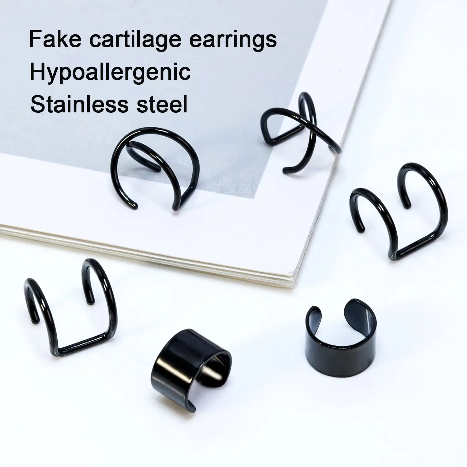 6pcs Stainless Steel Trendy Cute Simple Double Lines Ear Cuff Set Non Piercing Fake Helix Cartilage Huggie Cross Cuff Earrings