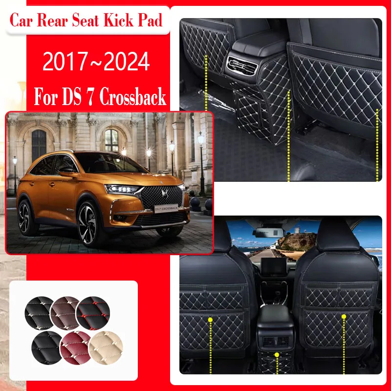 Leather Car Seat Kick Mat For DS 7 Crossback DS7 2017~2024 Anti-dirty Armrest Back Seat Pads Storage Pockets Bag Car Accessories