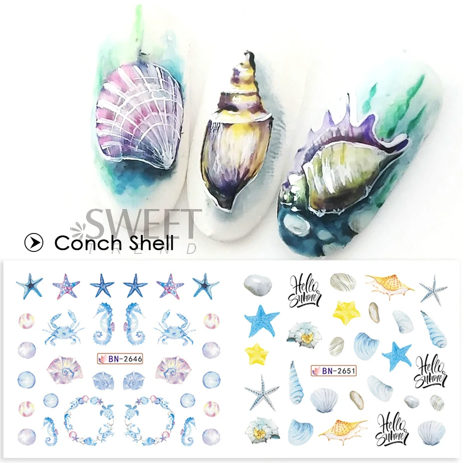 ฤดูร้อนที่มีสีสัน Conch ปลาดาวเล็บสติกเกอร์น้ํา Blue Ocean Theme Marine Life Design DIY แมงกะพรุนเล็บ Watermark Sliders