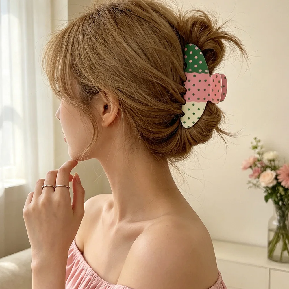 10CM Personality Cute Color Block Polka Dot Acrylic Hair Claw Clip Shark Hair Claw Women Girls Anti Slip Hair Accessory Gift ﻿