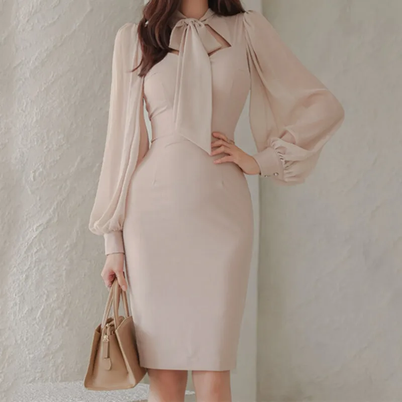 

Long Sleeve High Waist Elegant Korean Dress Woman Party Luxury Dresses Women Autumn 2022 A-Line Spring Solid Pink Lantern Sleeve