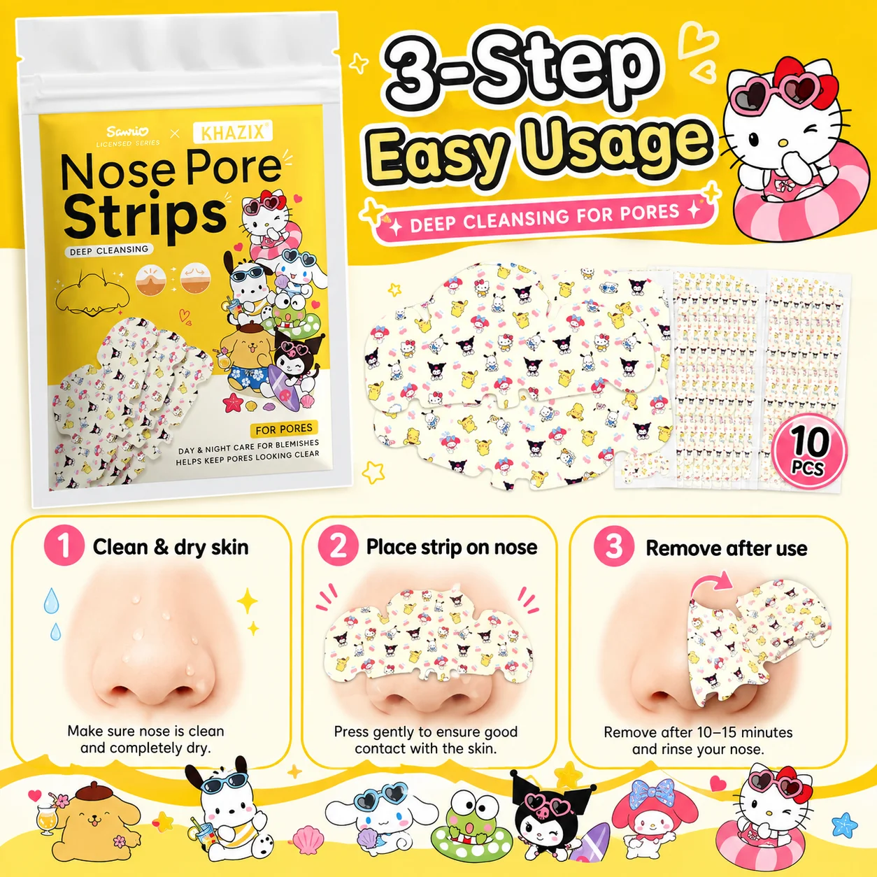Sanrio Kuromi Nose Patches, Cute Facial Nose Patch Sheets, Spot Cover Stickers for Nose 1/10PCS