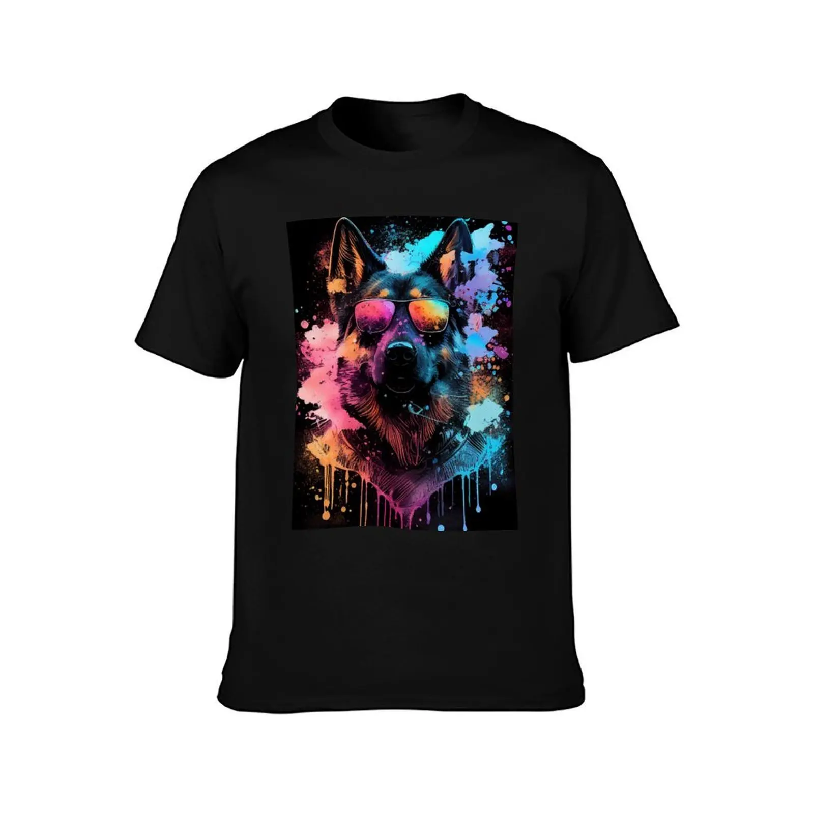 Shepherd Artwork in 80s Retrowave, Synthwave Style, Bunter Hund T-Shirt, Summer Casual Cotton Tee, Oversized Streetwear Tops