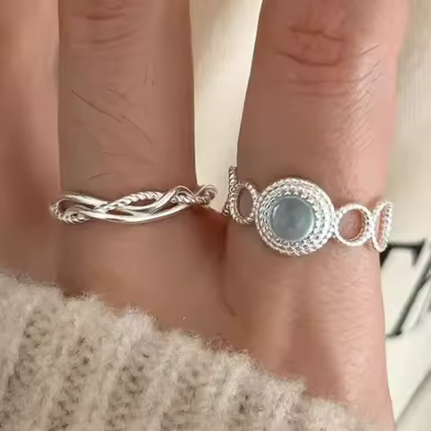 925 Sterling Silver Rings for Women Couple Minimalist Handmade Simple Blue Stone Ring Fine Jewelry Gift Prevent Allergy