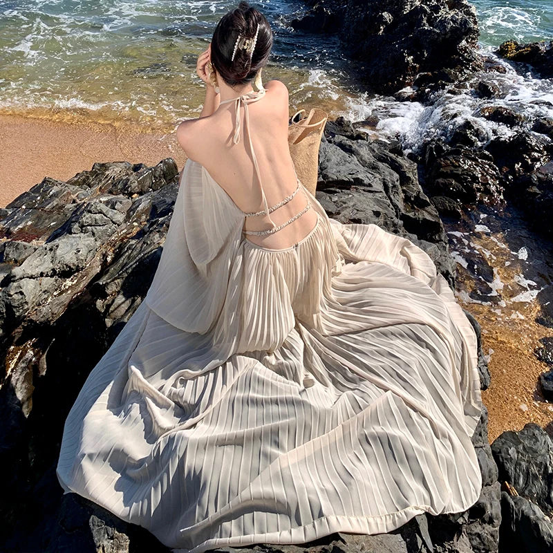 Summer Female Beach Dress Backless Lady Holiday Clothes Solid Color Long Loose Halter Collar Maxi Skirt Chiffon Pleated Twinset