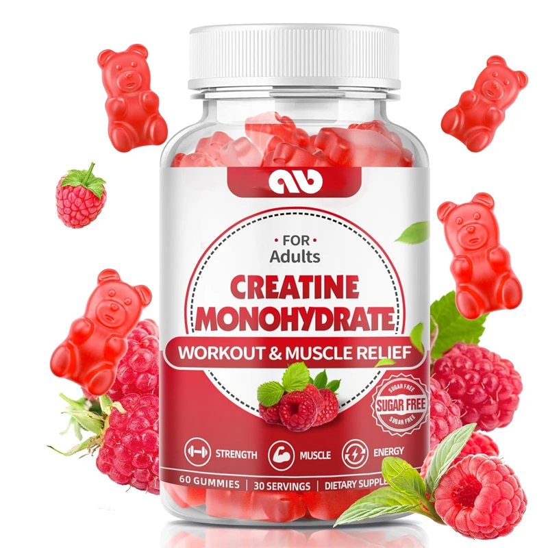 Male and female creatine monohydrate gummies, suitable for muscle generators and strength raspberry flavored 60 gummies