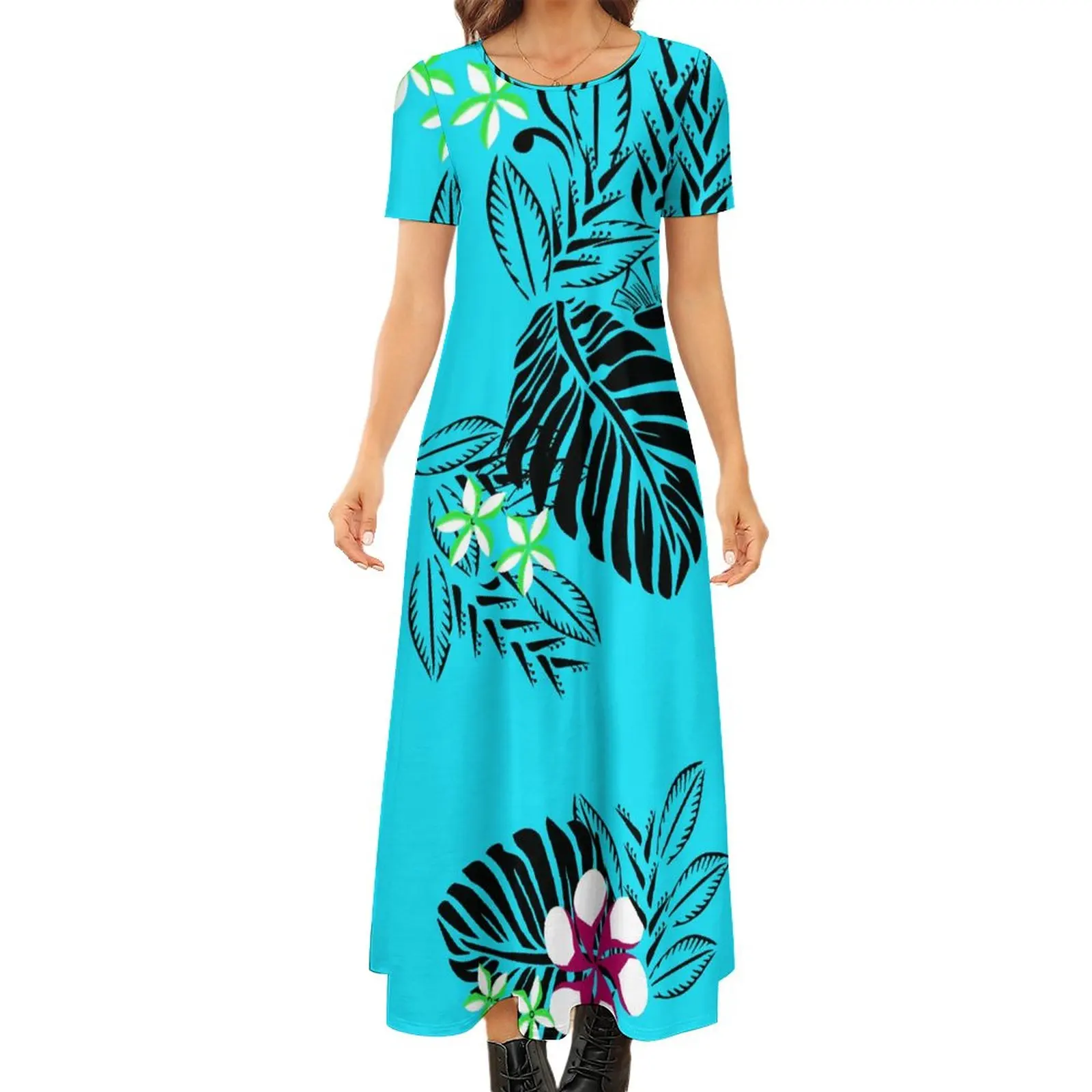 

Summer Women'S Crew Neck Short Sleeve Dress Polynesian Hawaiian Tribe Design 8xl Dress Party Evening Dress