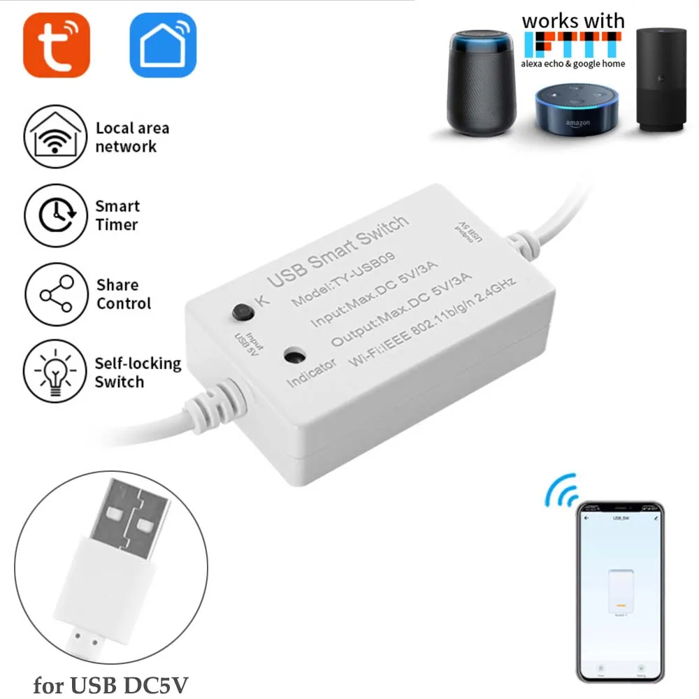 DC5V Tuya WiFi Converter Switch with Universal USB Interface Breaker Timer Support RF433  App/Voice Control for Alexa Google