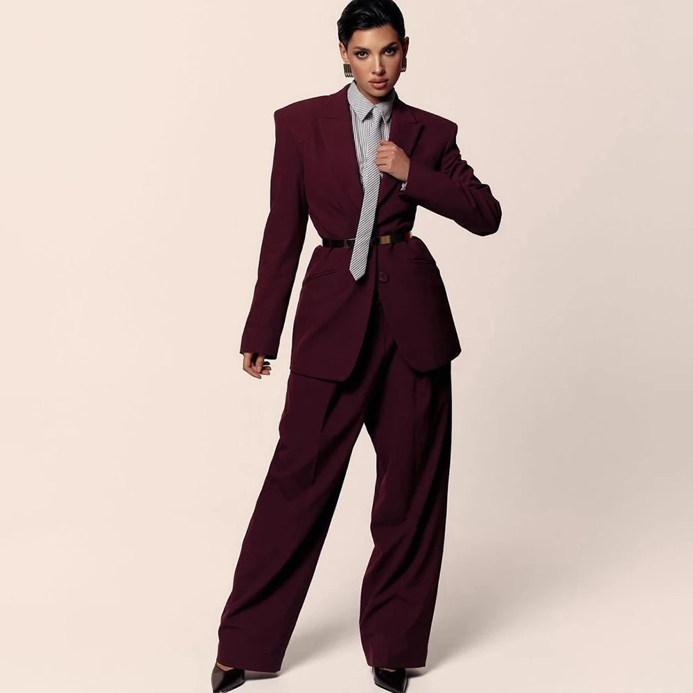 Vintage Elegant Women Burgundy Oversized Suit Single Breasted Blazer Wide Leg Pants Formal Business Street Party 2 Piece Outfit