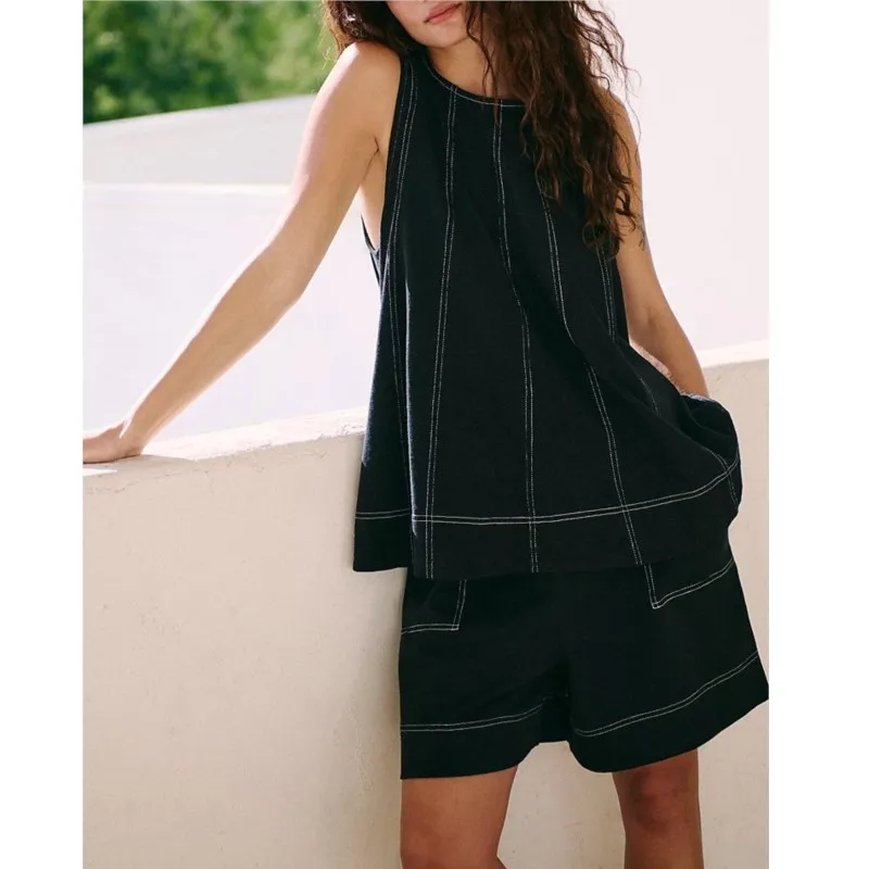 Women fashion Loose Shorts Set 2025 Summer Striped Sleeveless O-neck Vest Wide Leg Elastic Waist Short Pants 2 Pieces Jeans Suit