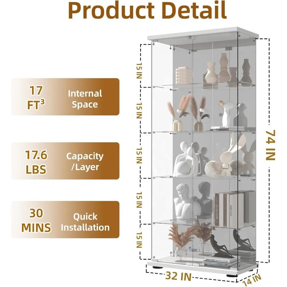 5-Shelf Glass Display Cabinet with Mirror & Lock，Tempered Glass Curio Display Cabinet with 2 Doors，Bookshelf Showcase