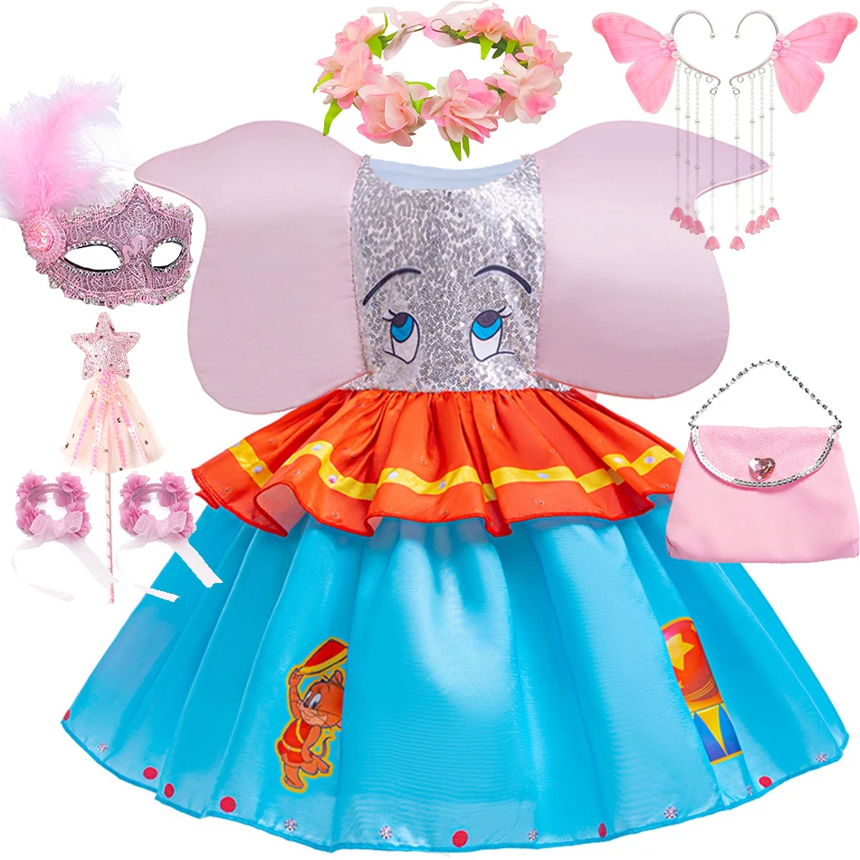 Baby Girl Dumbo Cosplay Dress Big Ear Fly Elephant Disguise Frocks Kids Kindergarten Stage Performance Outfits Carnival Sets