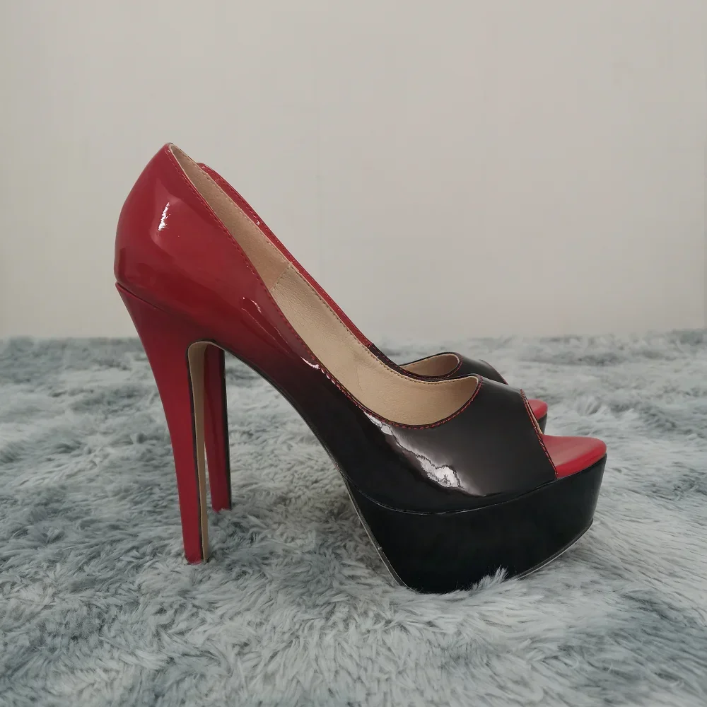 Bombas de couro envernizado para mulheres, sapatos de plataforma sexy, peep toe, saltos extremamente altos, agulha vermelha, festa de casamento,