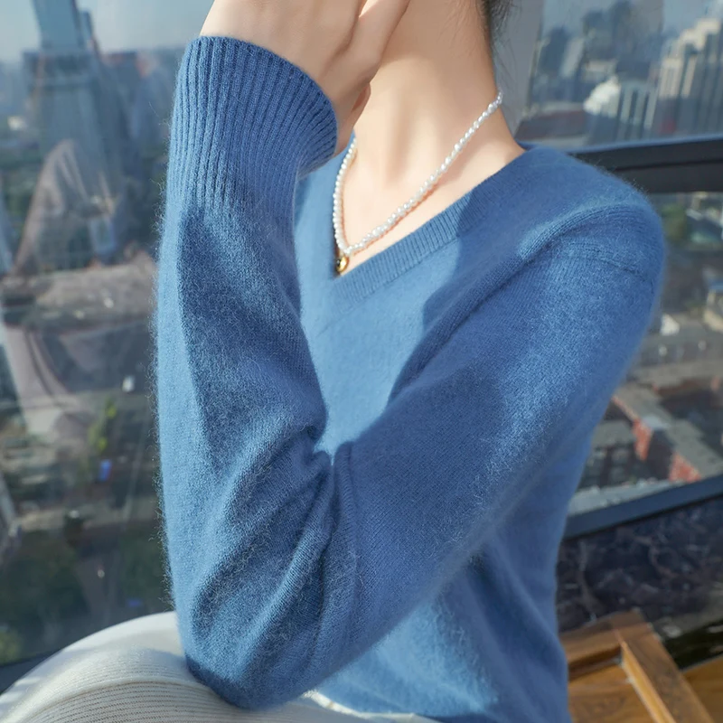 

Простой стиль с v-образным вырезом, 100% норковый кашемировый свитер, осенне-зимний пуловер, женский трикотаж с длинными рукавами, элегантная одежда, топы