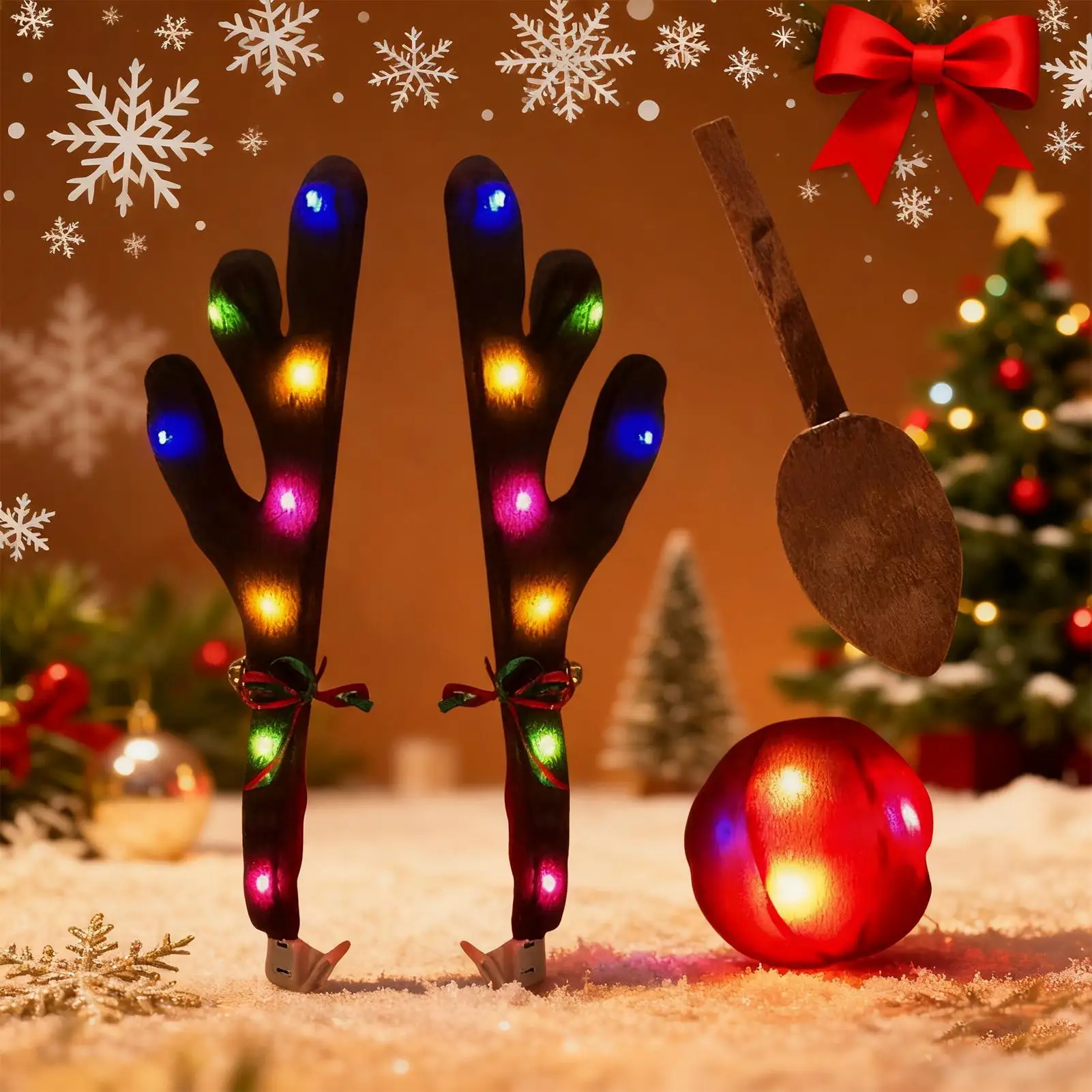 زينة عيد الميلاد للسيارة LED قرن الوعل مع أنف عيد الميلاد ديكور خارجي للسيارة مع ذيل لسيارة شاحنة السيارات #3