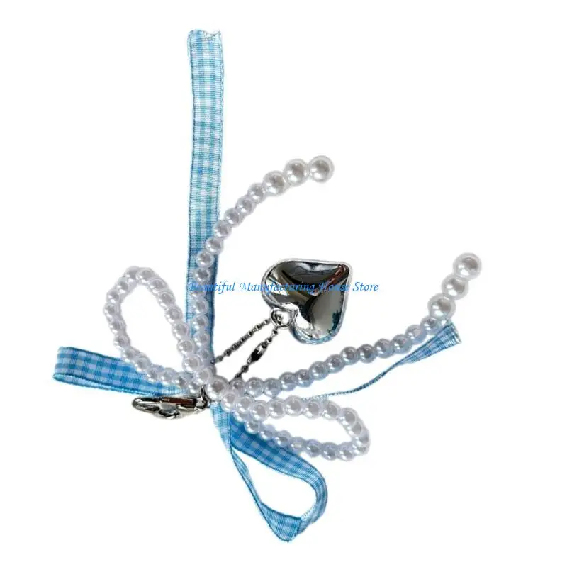 

E56A Heart Pearl Bowknot Charm Keychains Sweet Pendant Hangings Ornament Keyring Backpack Decoration for Women Girls