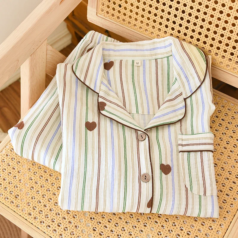 

Cotton Double-layer Sleepwear Clothes for Women Thin Print Cotton Long Sleeved Home Pajamas Long Pants Set