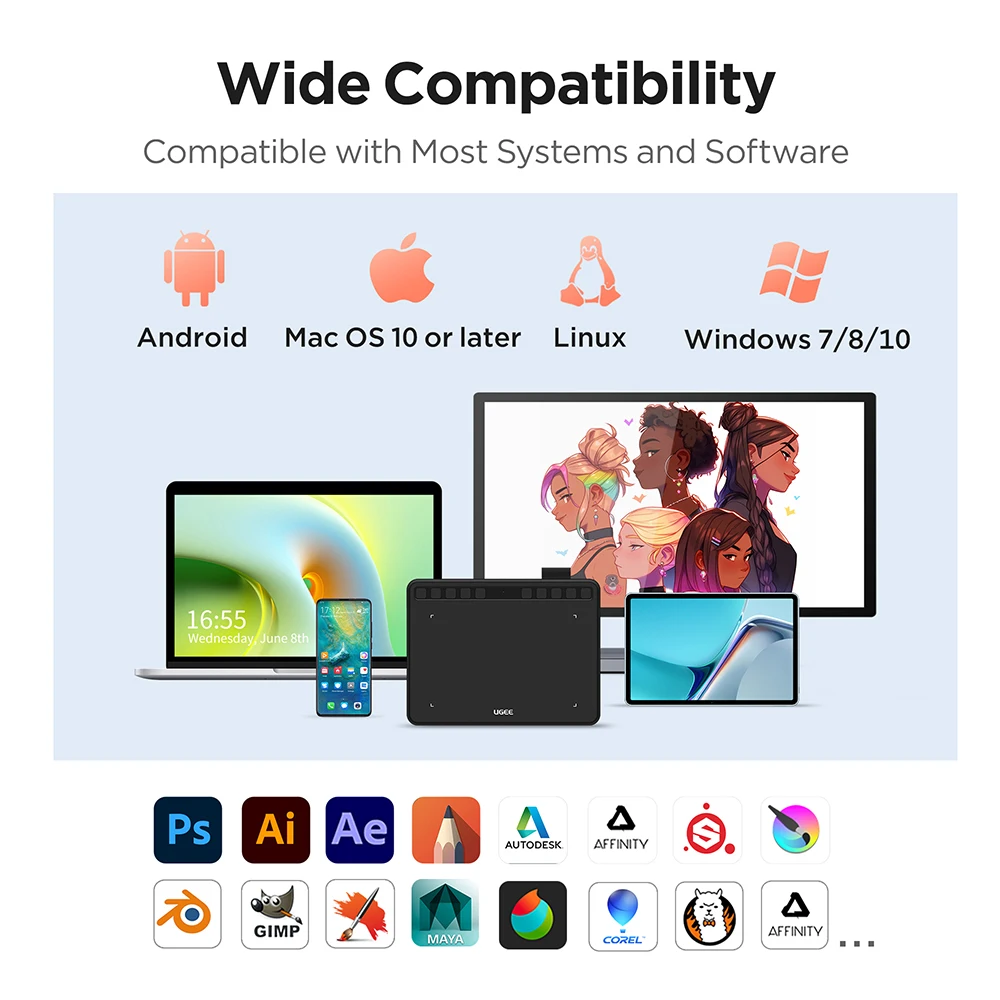 Ugee S640 Digital Graphic Drawing Tablet 6.3x4 Inch with 10 Shortcuts Compatible with Android PC Windows Mac OS for Design