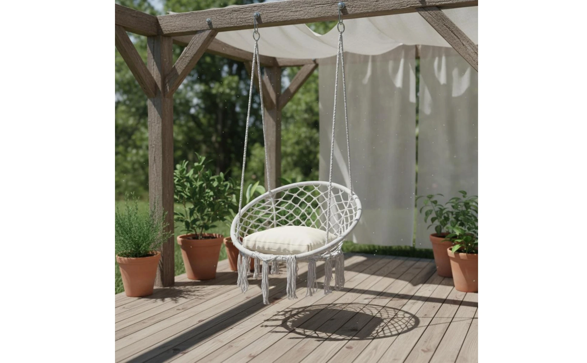 Macrame Chair Airy Lattice Cotton Rope Hanging Chair Home Furniture Oval Frame Single-Color