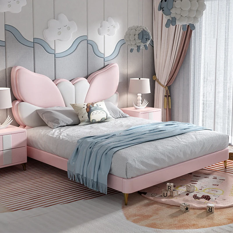 #For the latest design cream style children's bed set furniture bedroom pink butterfly girl bed popular wooden children's bed