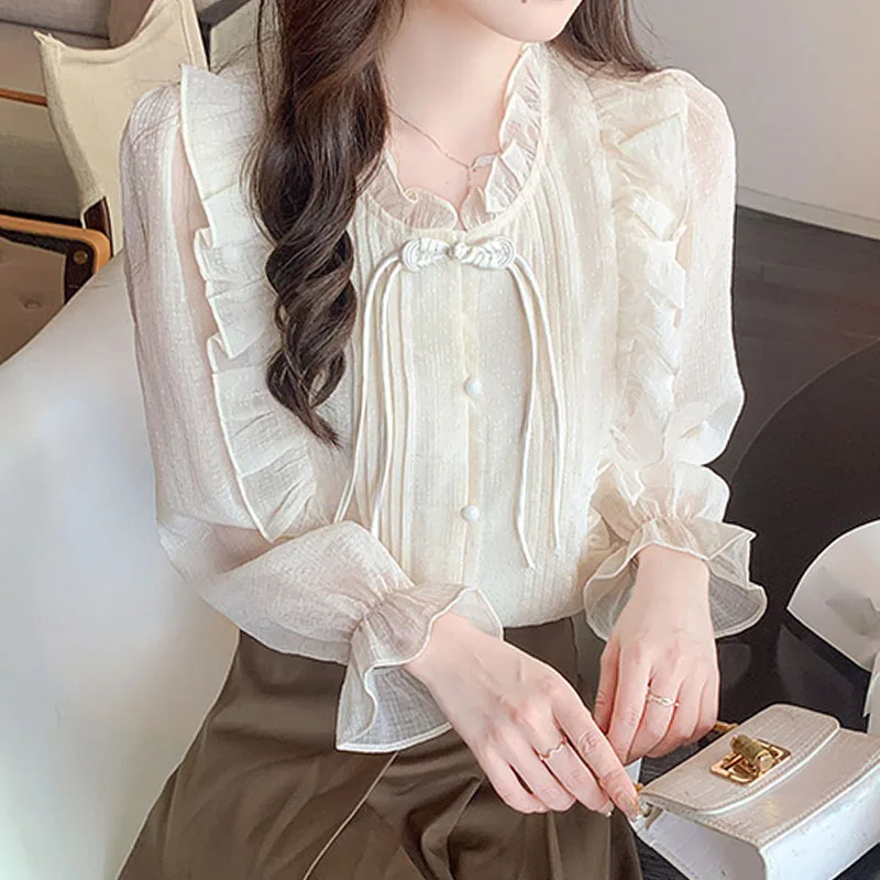 Fashion Long Sleeve Ruffled Women Shirt Ruffles Chiffon Shirt Blouse Women Tops Blouses Shirts Blusas Para Mujer Camisas H552