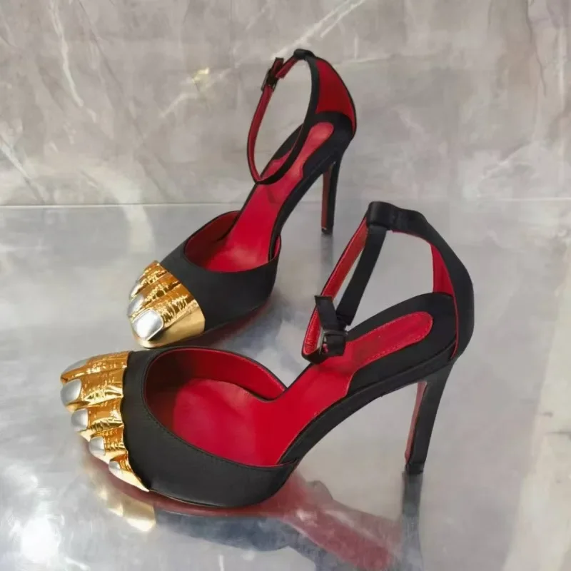 2025 Women's Suede Handmade Metal Toe Five Finger Stiletto Sandals Fashion Women's High Heels Black Stiletto Shoes Strange Shoes