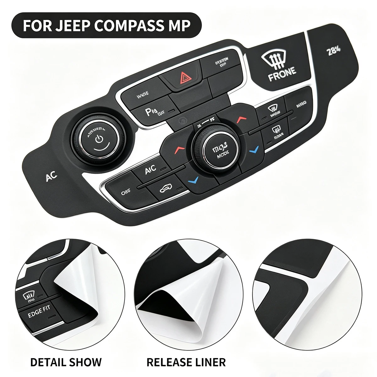 For Jeep Compass 2017-2021 AC Reversing Button Sticker - Black Vinyl Repair Decal with White Lettering for Climate Control Panel