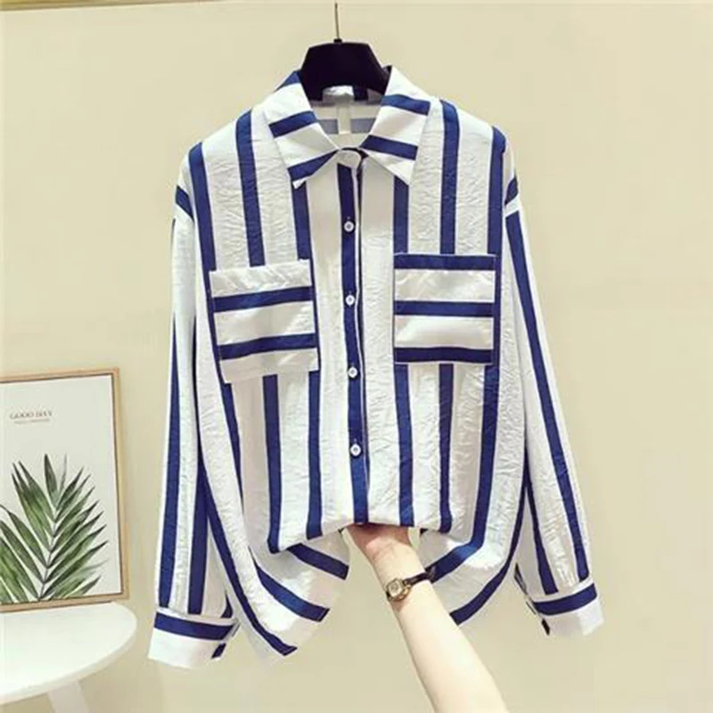 Casual Fashion Long Sleeves Striped Shirt Women's for Spring Autumn New Korean Version Loose Thin Sunscreen Mid Length Shirt Top