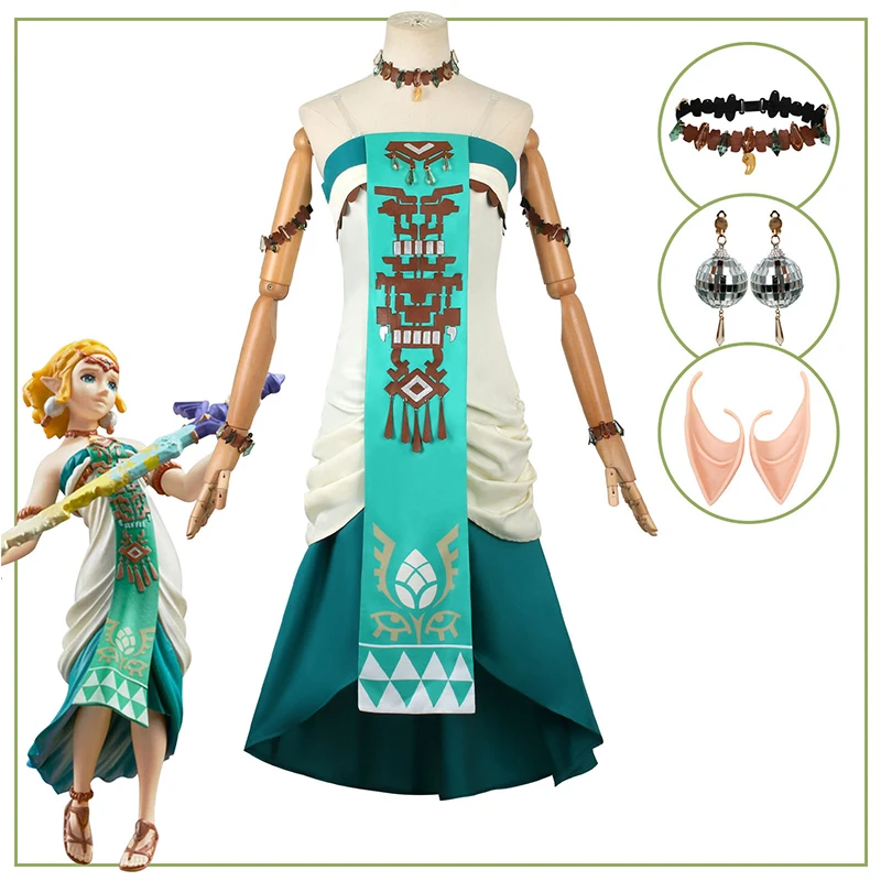 أزياء الأميرة زيلدا التأثيرية فستان أخضر شعر مستعار مجموعة كاملة من أزياء الهالوين النسائية