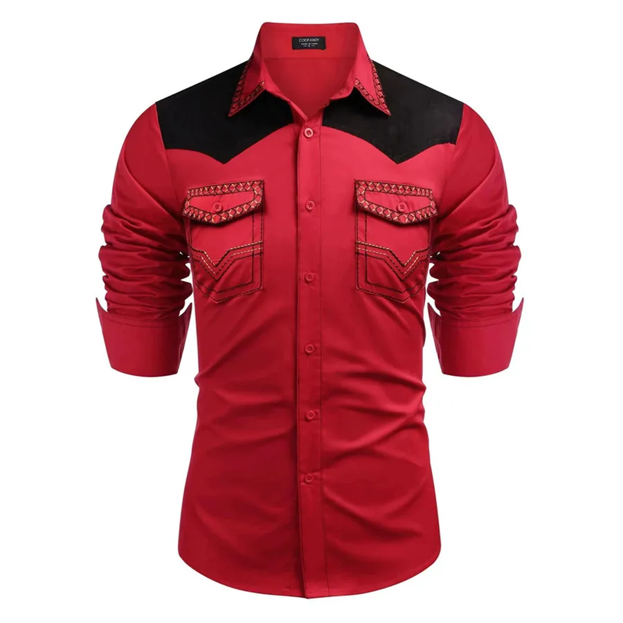 2027 Men's Spring Autumn Western Cowboy Style Shirt Lapel Long Sleeve Patchwork Tops Handsome Slim Fit Men's Clothing