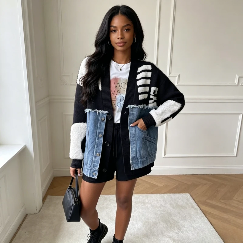 

Cardigan Women Sweaters Coats Denim Splice Jackets V Neck Full Sleeve Loose Elegant Knit Open Stitch Jumpers Work 2026 Summer
