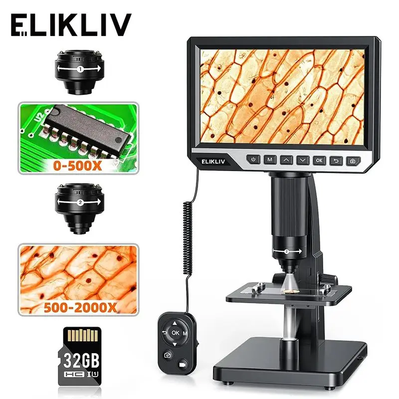 

Elikliv EDM11S 2000X Biological Digital Microscope 7'' IPS Display 12MP Resolution with Remote Control Windows Mac OS Compatible