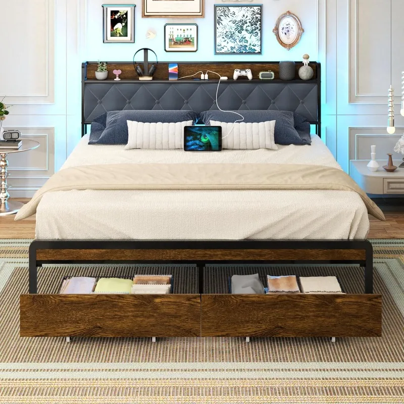 Metal Platform Bed Frame with 2 Storage Drawers & LED Light, Upholstered Headboard with Charging Station, No Box Spring Needed,