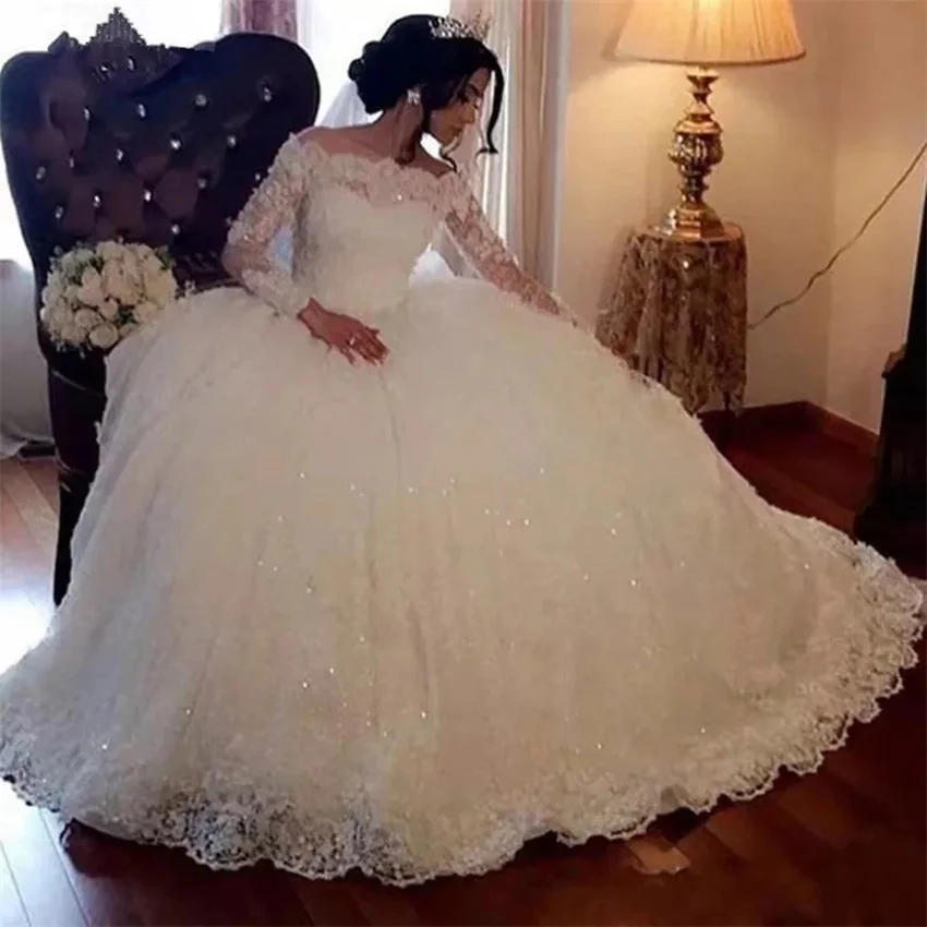 Vestido de noiva branco manga longa com apliques de lantejoulas, pescoço barco, vestidos nupciais, vestidos de casamento princesa, tamanho grande, 2023