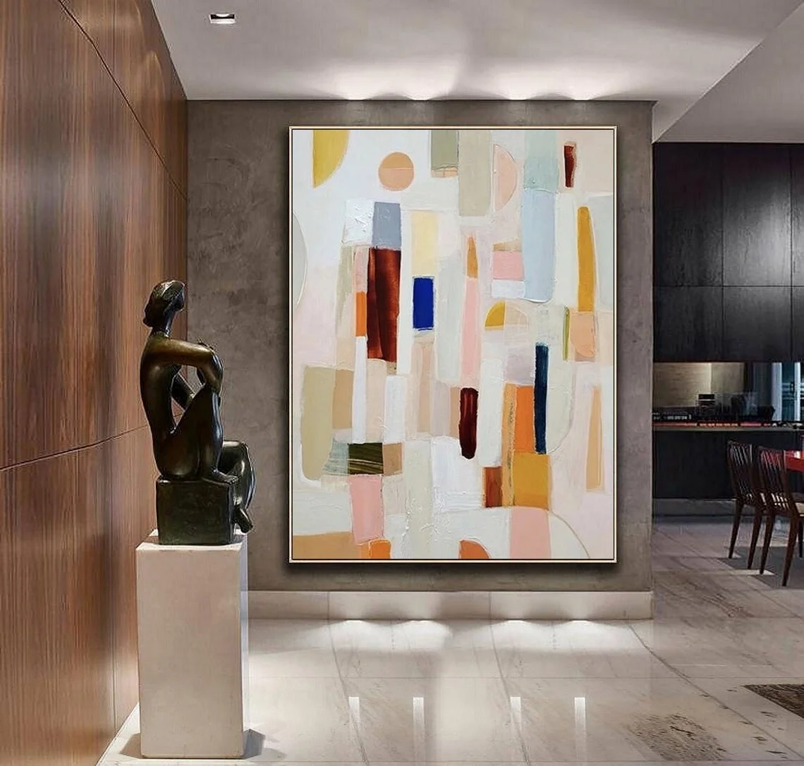 Neutral Color Abstract Painting Large Modern Palette Knife Texture Colorful Abstract Wall Art Oversize Framed Oil Painting Canva