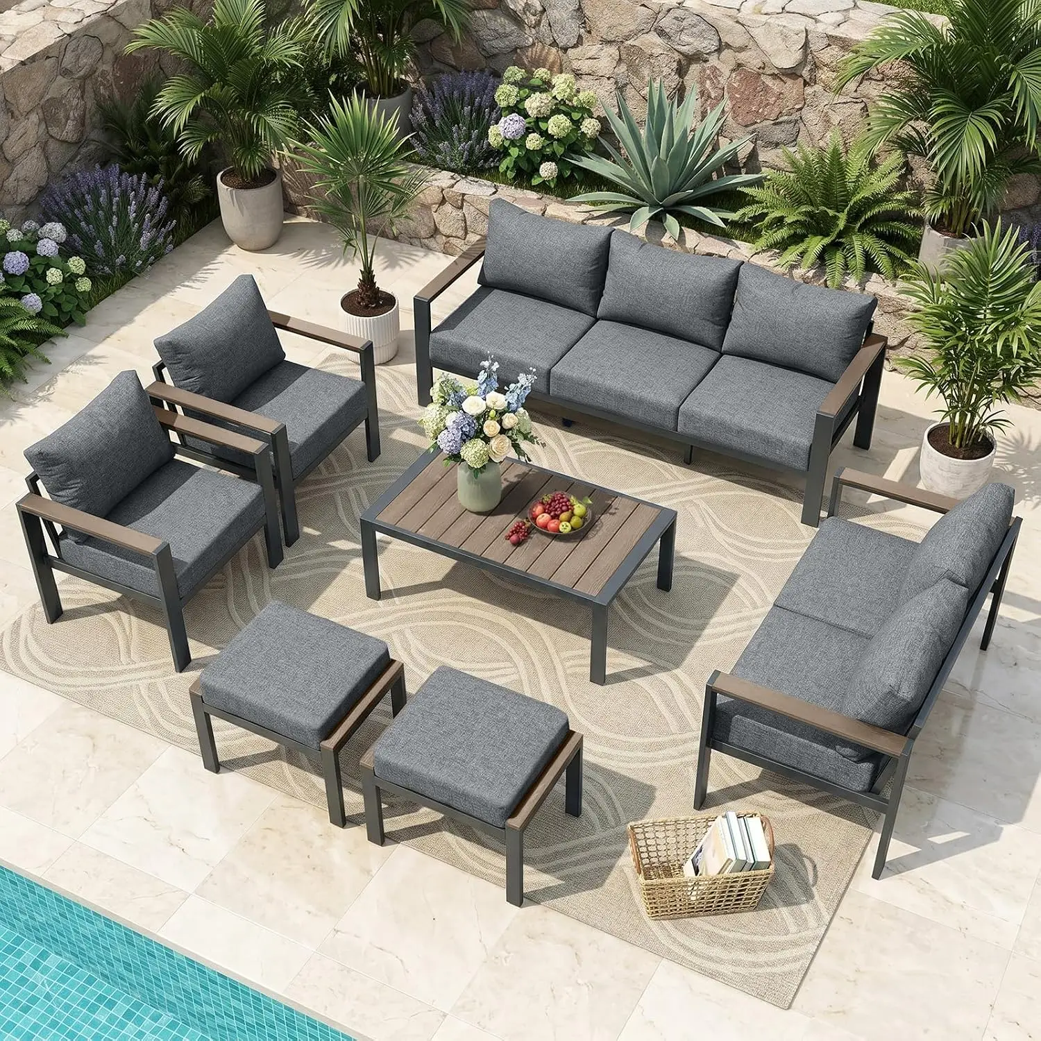 Aluminum Outdoor Patio Furniture Set 7 Pieces Light Gray
