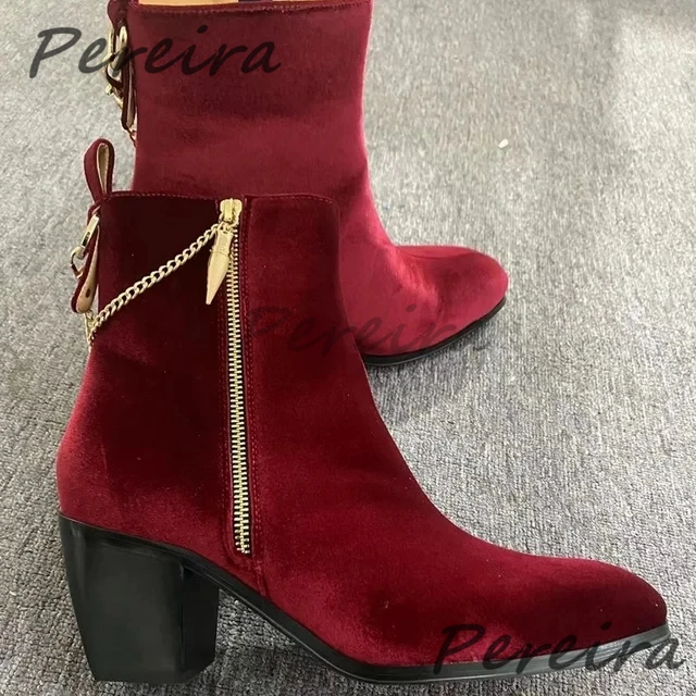Men Suede Ankle Boots Gold Chain Black Red Velvet Pointed Toe High Heel Shoes Luxury Genuine Leather Side Zipper Chelsea Boots view 6