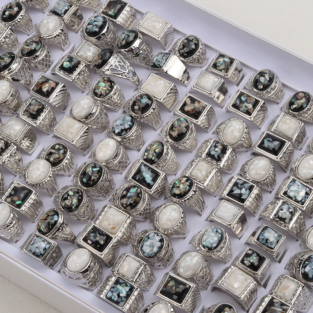 20 Pcs/Lot Imitation Nature Square Oval Cameo Shell Stone Rings for Men Fashion Wholesale Party Jewelry Size 19-23mm