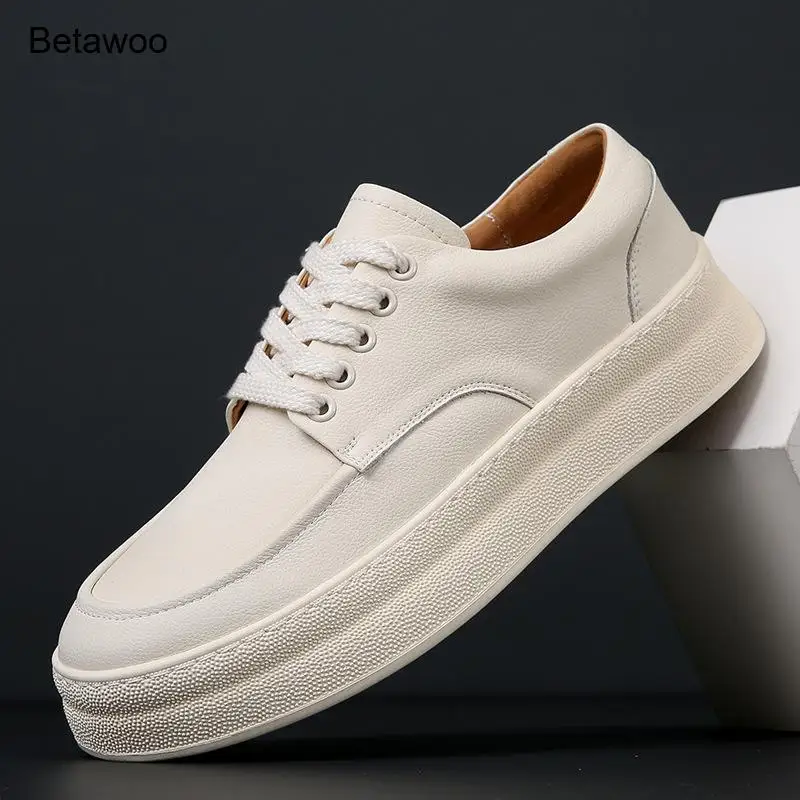

Thick Sole Platform Sneakers for Men White Leather Lace Up Casual Shoes
