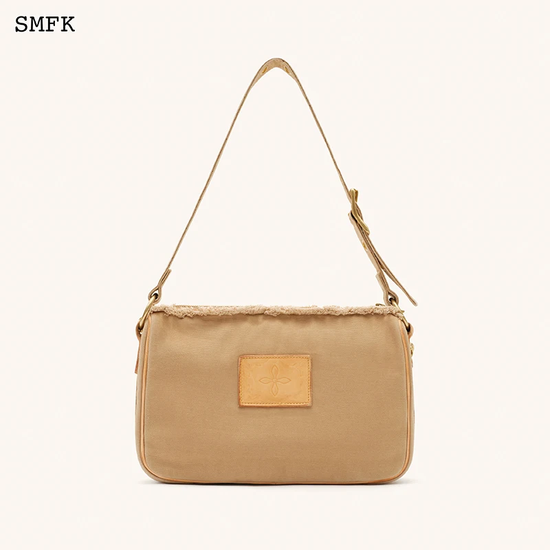 SMFK Compass Kitty Leather Bag Women Washed Cowhide Shoulder Bag Vintage Canvas Spliced Workwear Handbag 2023 New Underarm Bag