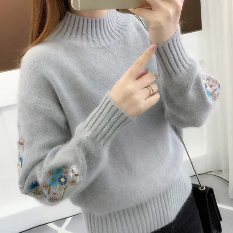 Korean Fahsion Embroidery Long Sleeve Sweater Women All Match Round Neck Cropped Sweaters Woman Autumn Winter Thick Warm Jumpers