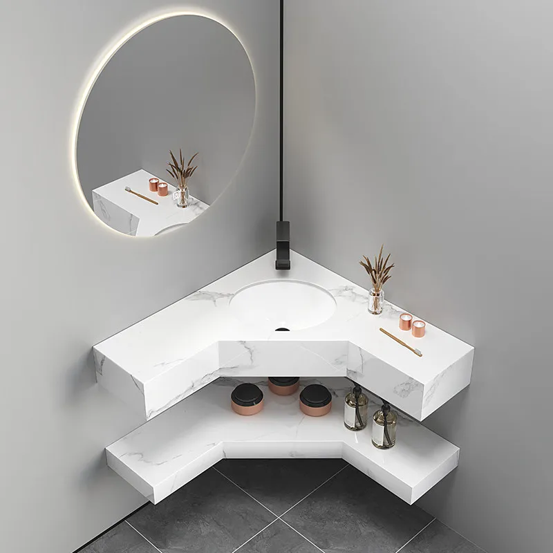 Extended rock slab sink on both sides, triangular wash basin, double bathroom cabinet