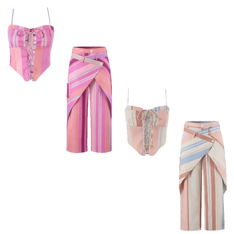 Maxdutti Southern French Countryside Vacation Retro Colorful Striped Printed Strap Camisole Shirt Top Pants Sets Woman Clothes
