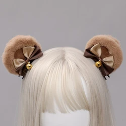 Handmade Faux Fur Round Bear Ears Hair Clip Sweet Double Bowknot Bell Plush Animal Hairpins Anime Lolita Kawaii Cosplay