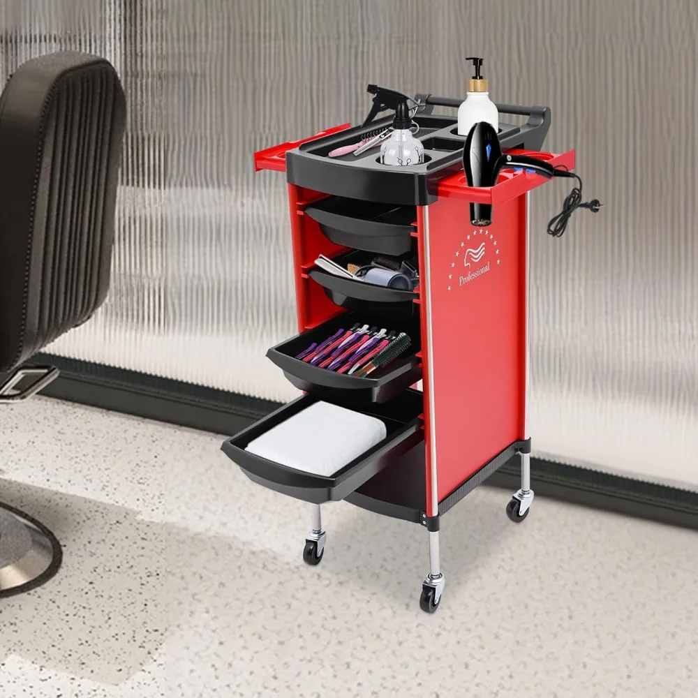 6 Tier Beauty Salon Cart with Wheels Multi-functional Salon Trolley Carts W/Drawers Rolling Cart for Salon Stations (Red)