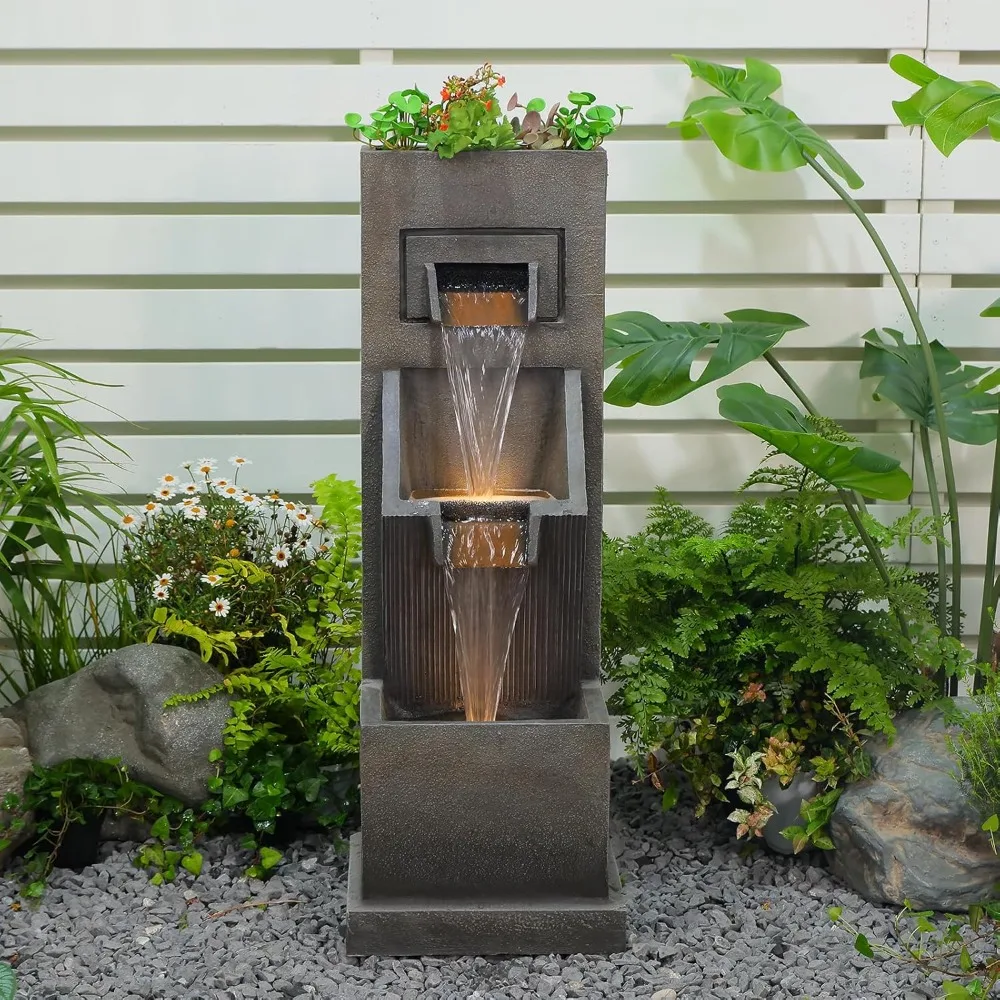 

H Modern Outdoor Water Fountain with LED Lights and Pump, 3-Tier Standing Cascading Waterfall - Modern Design for Garden/Pati