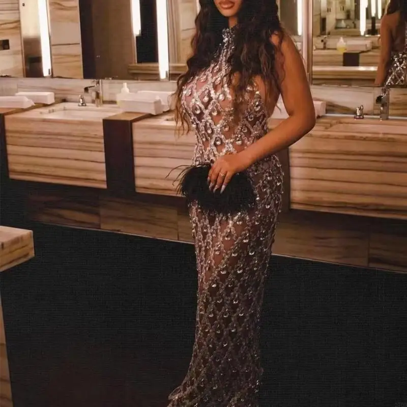 Rhinestones Embellished A Line Evening Gown Mesh Skirt Sleeveless Dress Perfect For Banquets Special Occasion