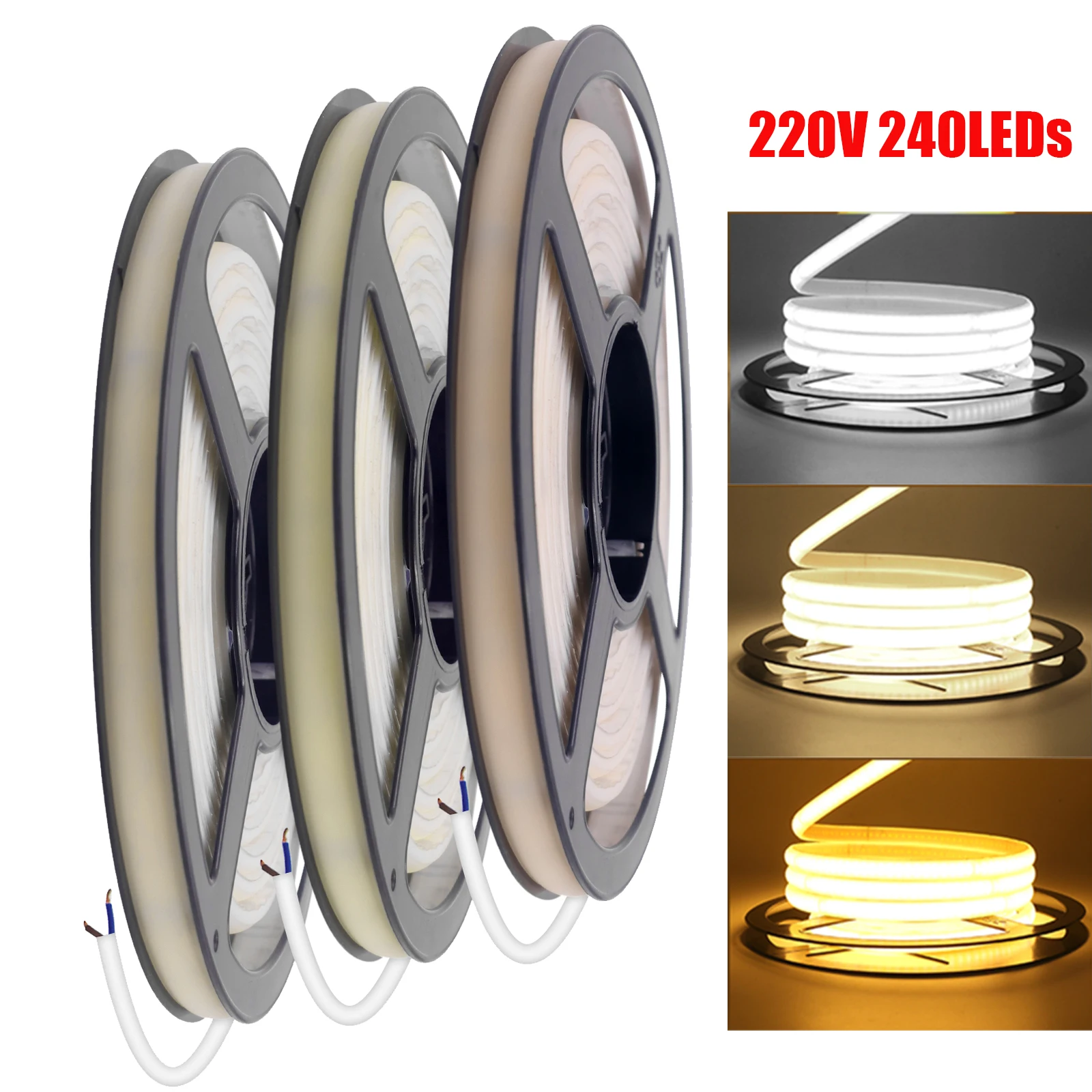 220V COB LED Strip 10CM Can Be Cut Flexible LED Tape 240LEDs Density Linear Light Waterproof LED Ribbon COB Lights with Adhesive